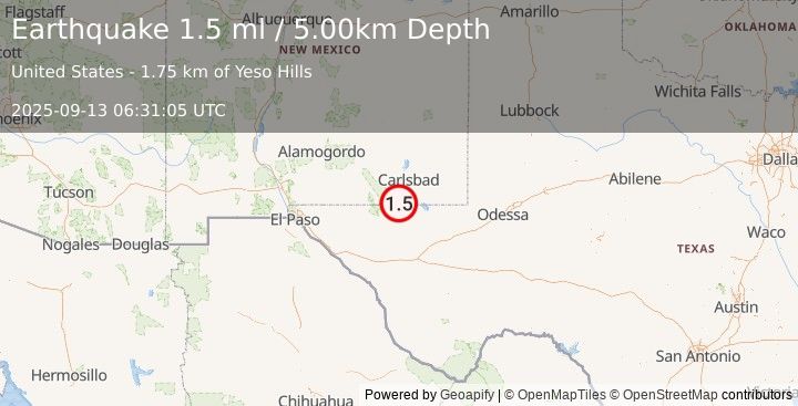 Earthquake 16 km SSW of Whites City, New Mexico (1.5 ml) (2025-09-13 06:31:05 UTC)