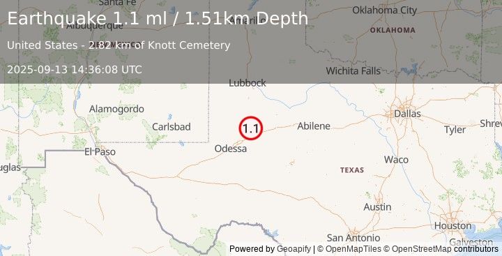 Earthquake 15 km S of Ackerly, Texas (1.1 ml) (2025-09-13 14:36:08 UTC)