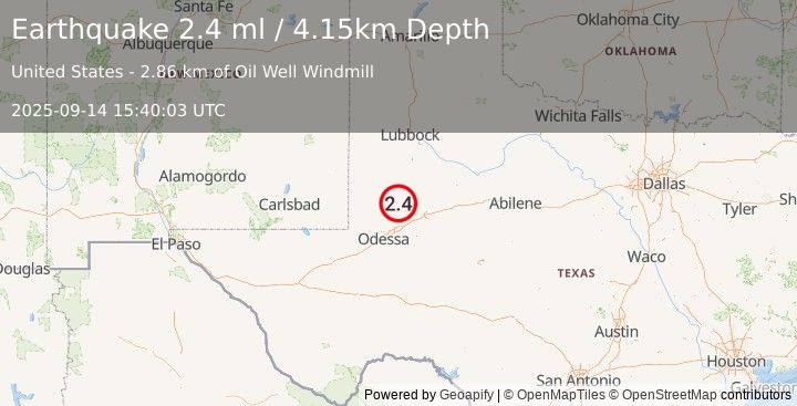 Earthquake 33 km SSW of Los Ybanez, Texas (2.4 ml) (2025-09-14 15:40:03 UTC)