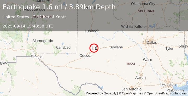 Earthquake 17 km SSE of Ackerly, Texas (1.7 ml) (2025-09-14 15:48:59 UTC)