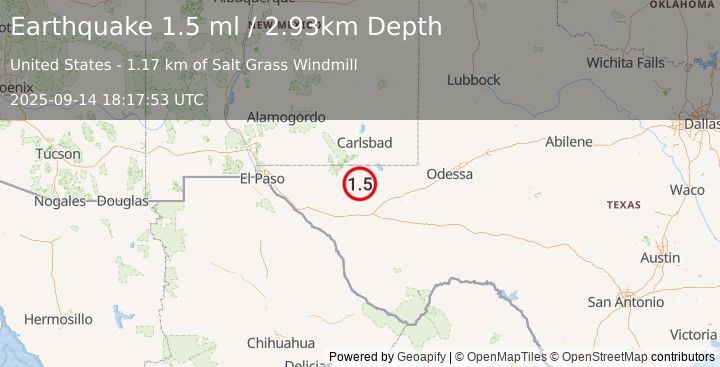 Earthquake 57 km S of Whites City, New Mexico (1.5 ml) (2025-09-14 18:17:53 UTC)