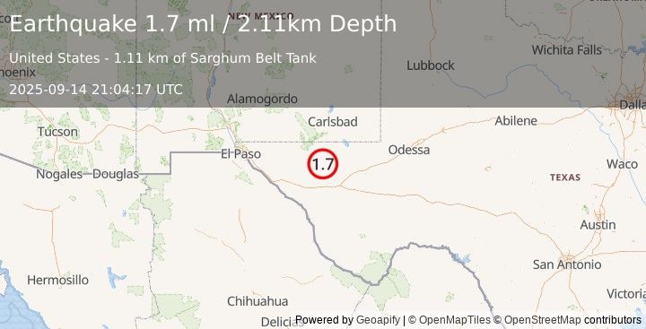 Earthquake 63 km NNE of Van Horn, Texas (1.7 ml) (2025-09-14 21:04:17 UTC)