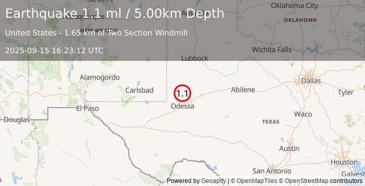 Earthquake 35 km E of McKinney Acres, Texas (0.5 ml) (2025-09-15 16:23:15 UTC)