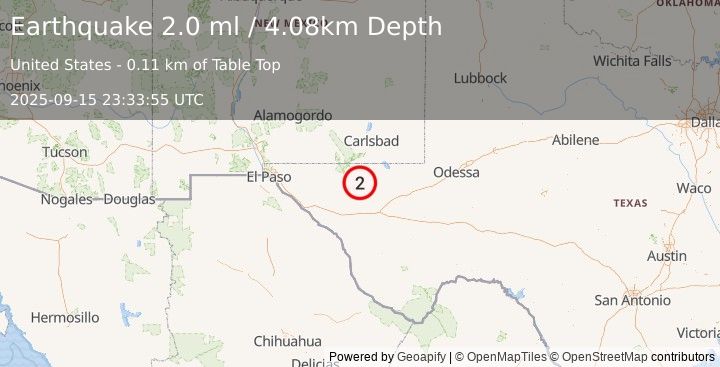 Earthquake 61 km S of Whites City, New Mexico (2.0 ml) (2025-09-15 23:33:55 UTC)