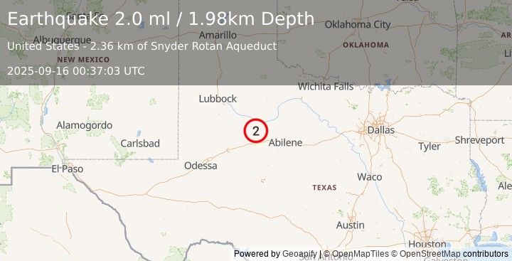 Earthquake 16 km NE of Hermleigh, Texas (2.0 ml) (2025-09-16 00:37:03 UTC)