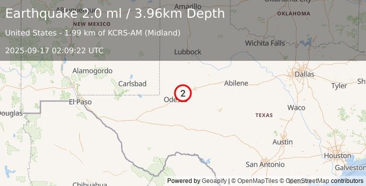 Earthquake 9 km NNE of Midland, Texas (2.0 ml) (2025-09-17 02:09:22 UTC)