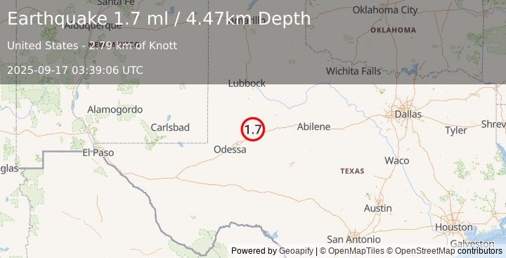 Earthquake 17 km SSE of Ackerly, Texas (1.8 ml) (2025-09-17 03:39:07 UTC)