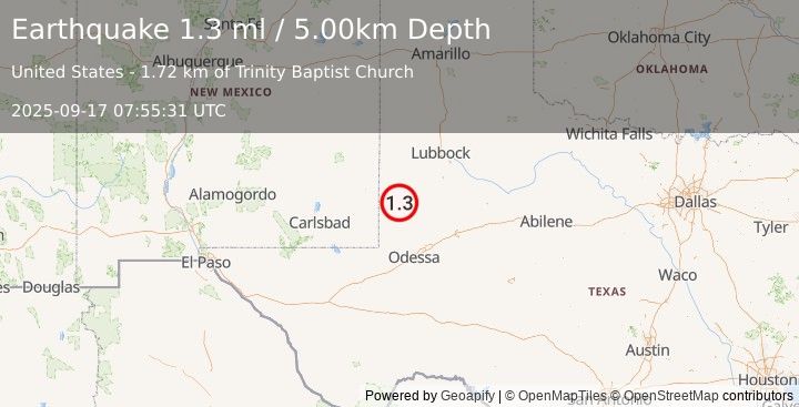 Earthquake 2 km NNW of Seminole, Texas (1.3 ml) (2025-09-17 07:55:31 UTC)