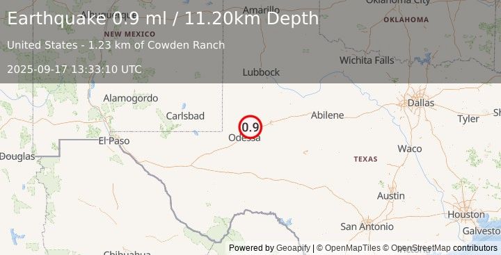 Earthquake 15 km NNW of Midland, Texas (1.0 ml) (2025-09-17 13:33:12 UTC)