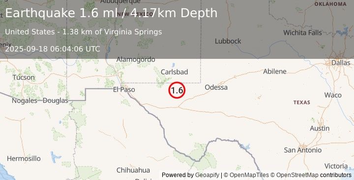 Earthquake 49 km W of Mentone, Texas (1.6 ml) (2025-09-18 06:04:06 UTC)