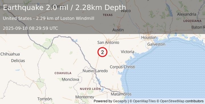 Earthquake 20 km SE of Pearsall, Texas (2.0 ml) (2025-09-18 08:29:59 UTC)