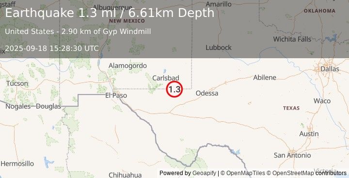 Earthquake 33 km SE of Malaga, New Mexico (1.3 ml) (2025-09-18 15:28:30 UTC)