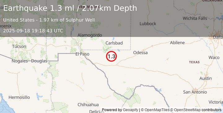 Earthquake 63 km S of Whites City, New Mexico (1.3 ml) (2025-09-18 19:18:43 UTC)