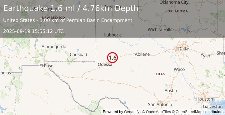 Earthquake 13 km NNW of Stanton, Texas (1.6 ml) (2025-09-19 15:55:12 UTC)