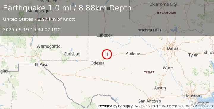 Earthquake 17 km SSE of Ackerly, Texas (0.9 ml) (2025-09-19 19:34:08 UTC)