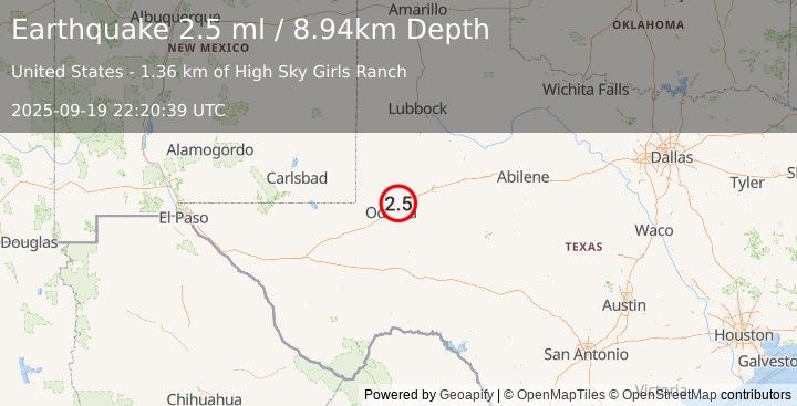 Earthquake 13 km W of Midland, Texas (2.5 ml) (2025-09-19 22:20:39 UTC)