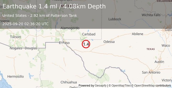 Earthquake 58 km S of Whites City, New Mexico (1.4 ml) (2025-09-20 02:36:20 UTC)