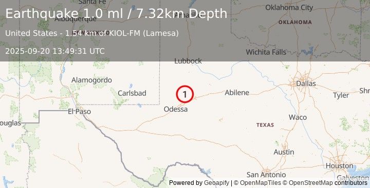 Earthquake 28 km WSW of Ackerly, Texas (1.0 ml) (2025-09-20 13:49:32 UTC)