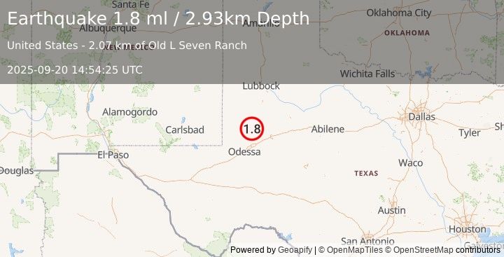 Earthquake 35 km SW of Los Ybanez, Texas (1.8 ml) (2025-09-20 14:54:25 UTC)