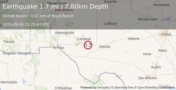 Earthquake 36 km SE of Malaga, New Mexico (1.7 ml) (2025-09-20 23:25:47 UTC)