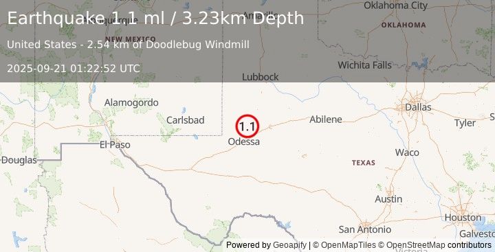 Earthquake 26 km E of McKinney Acres, Texas (1.1 ml) (2025-09-21 01:22:52 UTC)