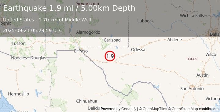 Earthquake 58 km WNW of Toyah, Texas (1.9 ml) (2025-09-21 05:29:59 UTC)