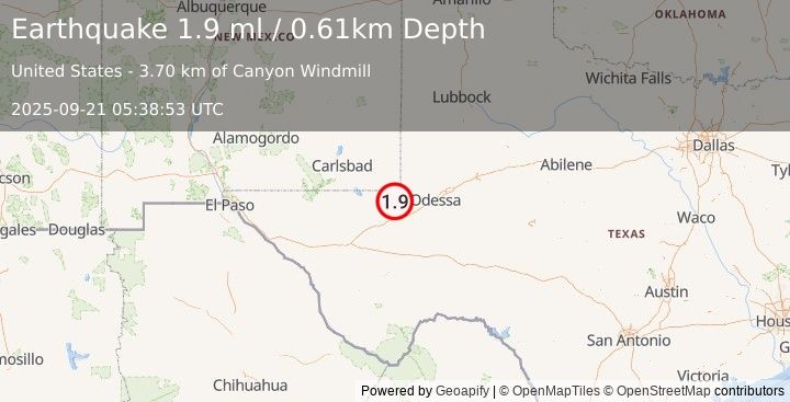 Earthquake 9 km NNW of Wink, Texas (1.6 ml) (2025-09-21 05:38:54 UTC)