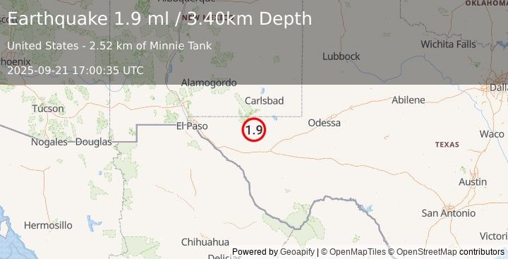 Earthquake 59 km SSW of Whites City, New Mexico (1.9 ml) (2025-09-21 17:00:35 UTC)