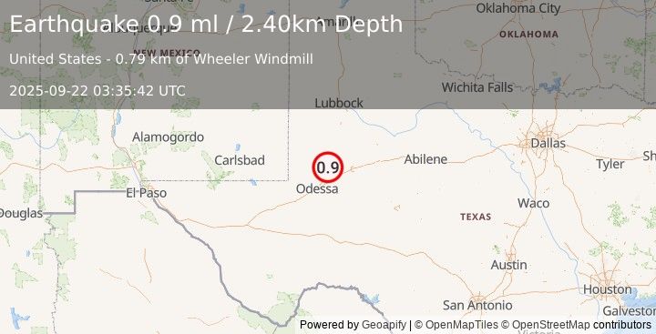 Earthquake 31 km N of Midland, Texas (0.9 ml) (2025-09-22 03:35:42 UTC)