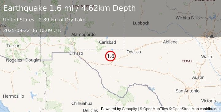 Earthquake 36 km NW of Toyah, Texas (1.6 ml) (2025-09-22 06:10:09 UTC)