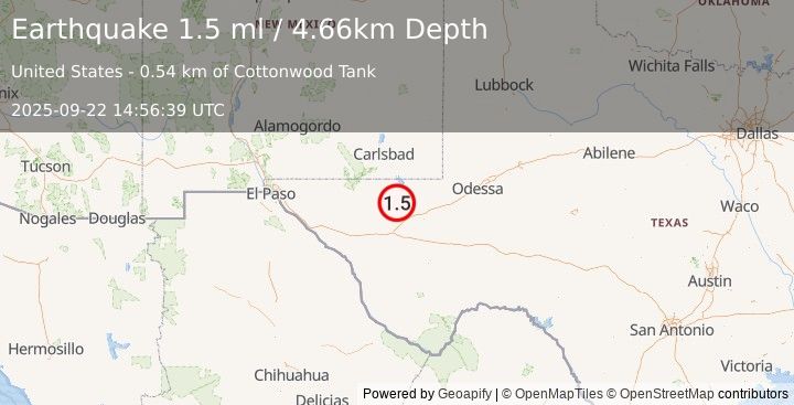 Earthquake 37 km NNW of Toyah, Texas (1.5 ml) (2025-09-22 14:56:38 UTC)