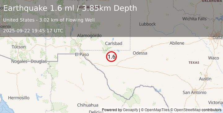 Earthquake 60 km S of Whites City, New Mexico (1.6 ml) (2025-09-22 19:45:17 UTC)