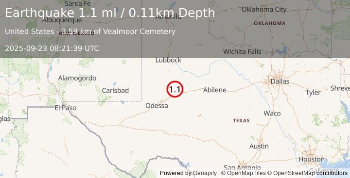 Earthquake 17 km ESE of Ackerly, Texas (1.1 ml) (2025-09-23 08:21:39 UTC)