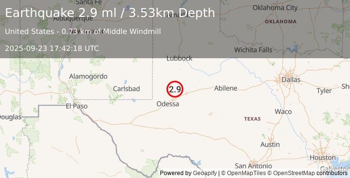 Earthquake 33 km WSW of Ackerly, Texas (2.9 ml) (2025-09-23 17:42:18 UTC)