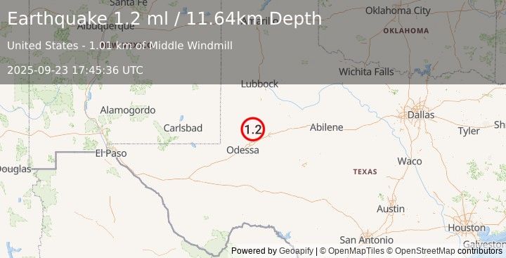 Earthquake 34 km WSW of Ackerly, Texas (1.2 ml) (2025-09-23 17:45:36 UTC)