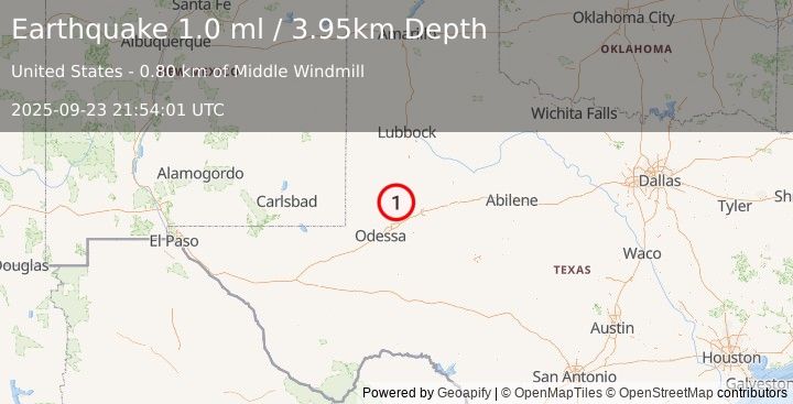 Earthquake 33 km WSW of Ackerly, Texas (1.0 ml) (2025-09-23 21:54:01 UTC)