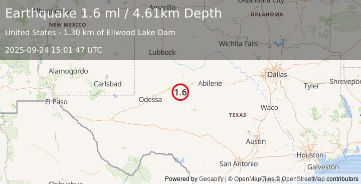 Earthquake 26 km S of Westbrook, Texas (1.6 ml) (2025-09-24 15:01:47 UTC)