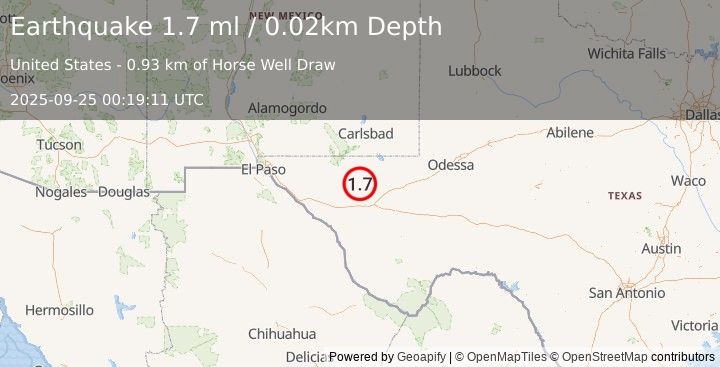 Earthquake 57 km WNW of Toyah, Texas (1.7 ml) (2025-09-25 00:19:11 UTC)