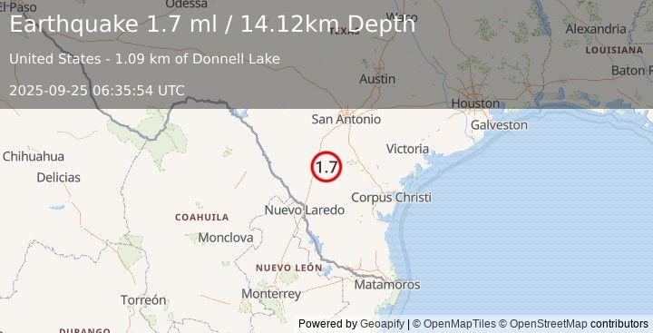 Earthquake 16 km WSW of Fowlerton, Texas (1.7 ml) (2025-09-25 06:35:54 UTC)