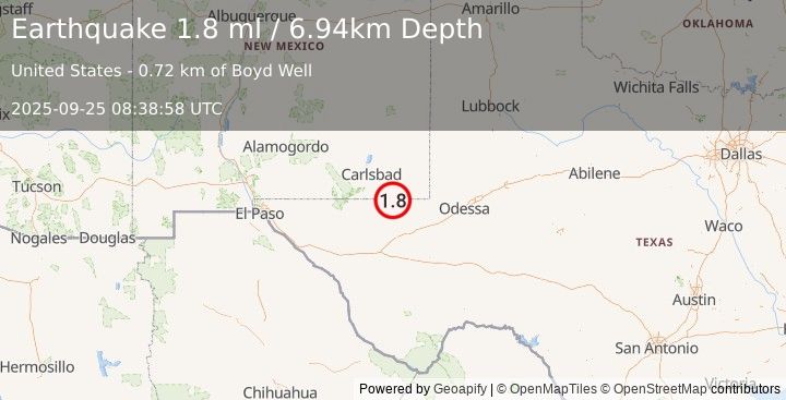 Earthquake 36 km NNW of Mentone, Texas (1.8 ml) (2025-09-25 08:38:58 UTC)