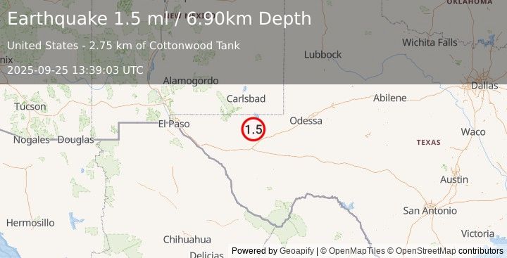 Earthquake 38 km NNW of Toyah, Texas (1.7 ml) (2025-09-25 13:39:04 UTC)