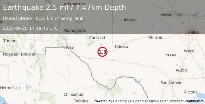 Earthquake 17 km N of Toyah, Texas (2.5 ml) (2025-09-25 17:49:46 UTC)