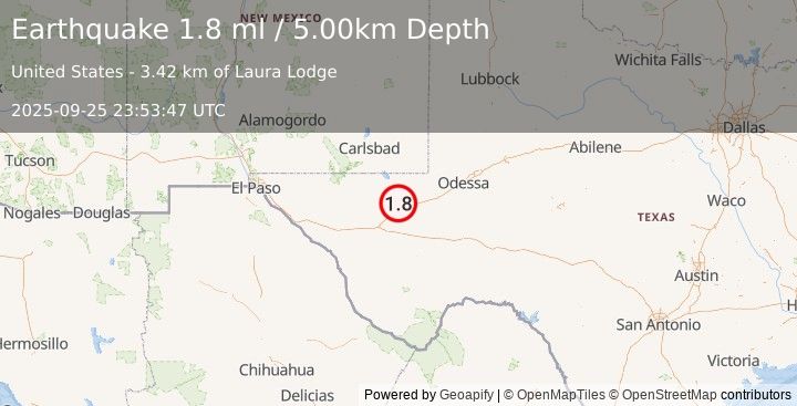 Earthquake 38 km WSW of Mentone, Texas (0.9 ml) (2025-09-25 23:53:44 UTC)