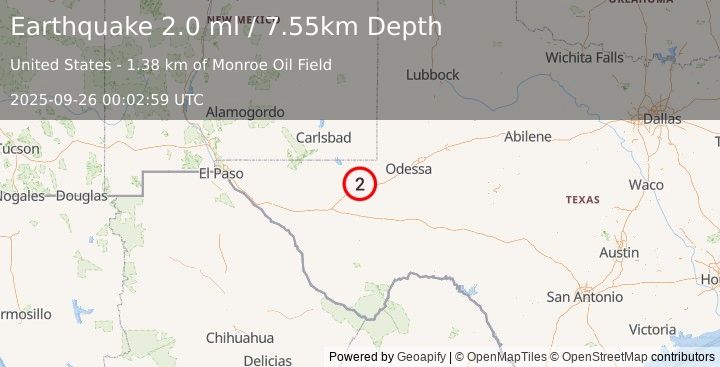 Earthquake 12 km NNW of Barstow, Texas (2.0 ml) (2025-09-26 00:02:59 UTC)