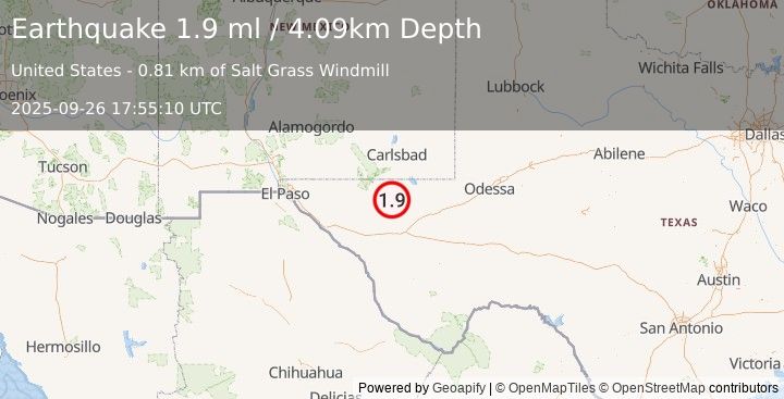 Earthquake 57 km S of Whites City, New Mexico (1.9 ml) (2025-09-26 17:55:10 UTC)