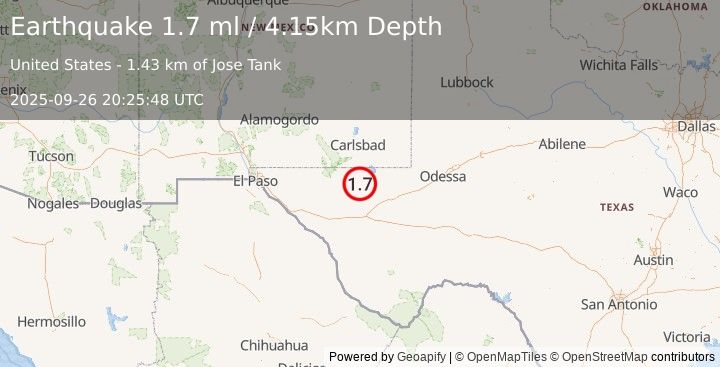 Earthquake 55 km SSE of Whites City, New Mexico (1.7 ml) (2025-09-26 20:25:48 UTC)