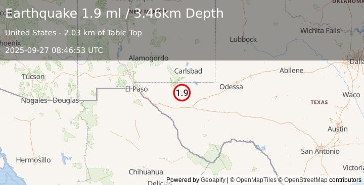 Earthquake 62 km SSW of Whites City, New Mexico (1.9 ml) (2025-09-27 08:46:53 UTC)