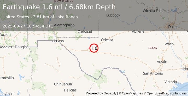 Earthquake 14 km SSE of Lindsay, Texas (1.6 ml) (2025-09-27 10:54:54 UTC)