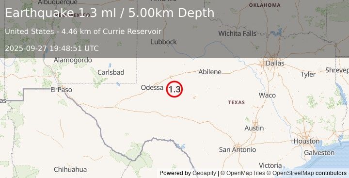Earthquake 15 km SE of Garden City, Texas (1.3 ml) (2025-09-27 19:48:51 UTC)