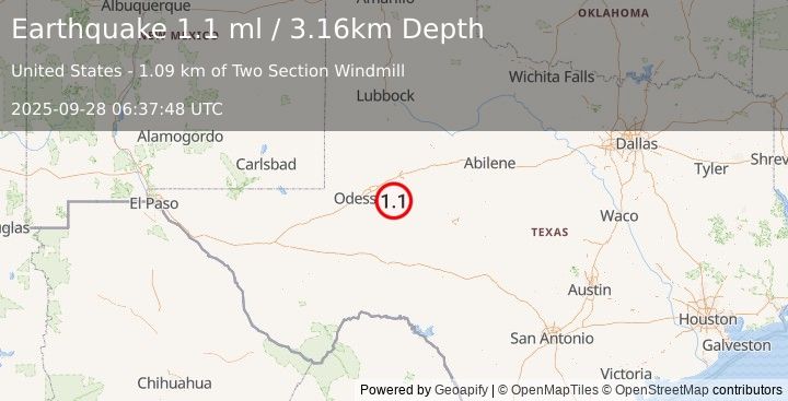 Earthquake 19 km WSW of Garden City, Texas (1.1 ml) (2025-09-28 06:37:48 UTC)